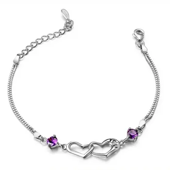 

New Genuine 925 Sterling Silver Love Heart Shape Purple/White Zircon Bracelets Bangles For Women Jewelry pulseira feminina