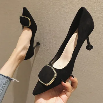 

European and American style fashion simple high-heeled suede shallow mouth pointed sexy thin metal belt buckle women's shoes