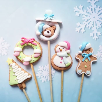 

NEW Merry Christmas Cake Toppers Cute Christmas Tree Sowman Santa Claus Clay Cupcake Topper 2021 New Year Xmas Party Cake Decor