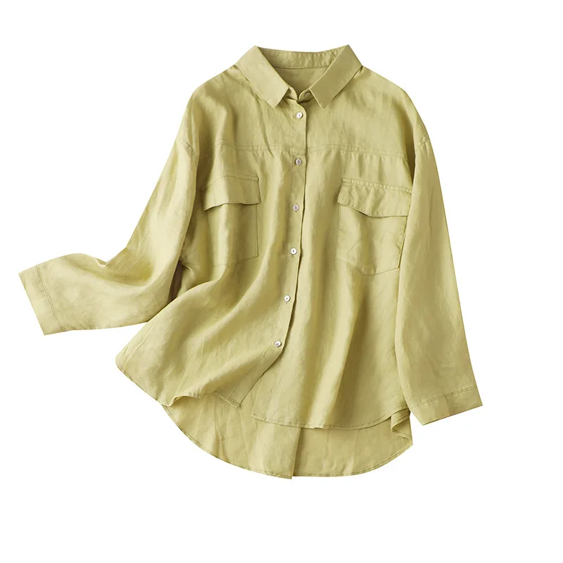 

Autumn Long Sleeve Women Shirts Turn-down Collar Linen Pockets Casual Loose Woman Tops and Blouses Clothes for Women