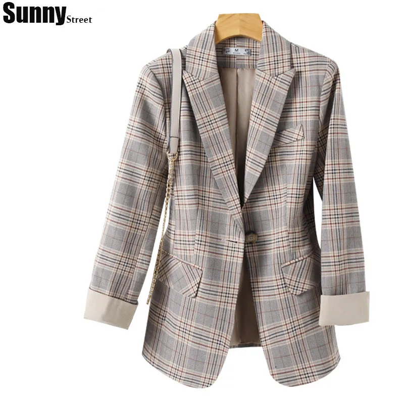 

FW20 New design check Blazers for Women Slim fit Quarter Sleeve Length Khaki Plaid Casual Jacket Autumn Ladies blazer mujer