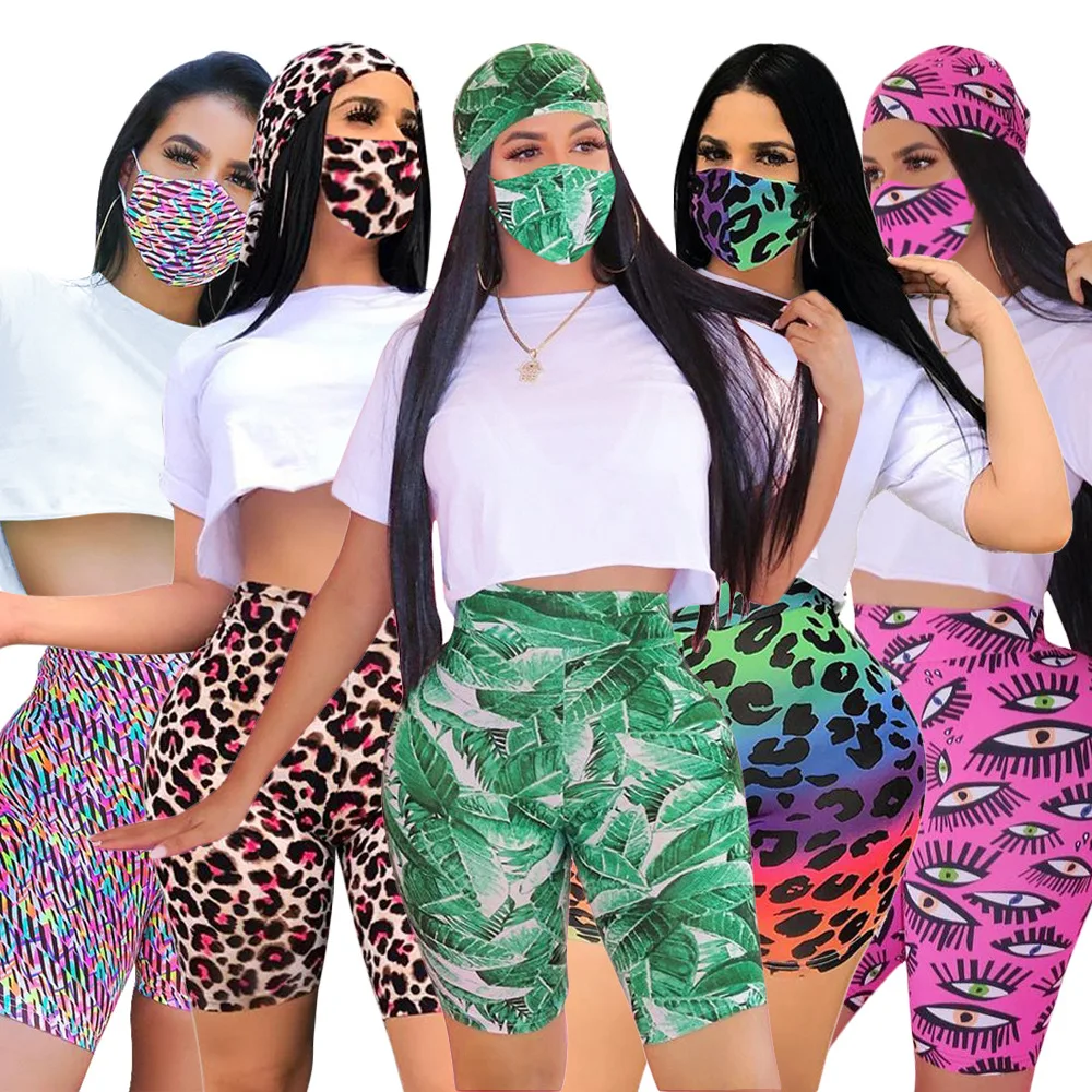 

2020 Summer Women's Suit European and American Hot Style Model Casual Fashion Multi-color Printed Two-piece Set with a Mask