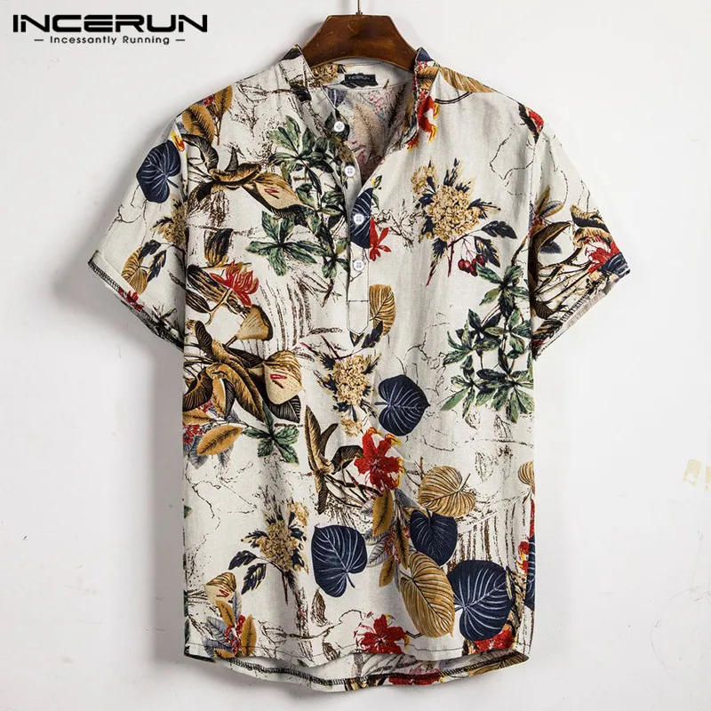 INCERUN Men Hawaiian Shirt Beach Printed Short Sleeve Stand Collar Blouse 2020 Casual Vacation Streetwear Cotton Men Shirts 3XL INCERUN Men Hawaiian Shirt Beach Printed Short Sleeve Stand Collar Blouse 2020 Casual Vacation Streetwear Cotton Men Shirts 3XL