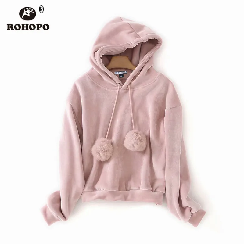 ROHOPO розовый черный с капюшоном воротник теплый бархат толстовки флис мяч шикарный женский пуловер толстый мягкий однотонный Свитшот#5253 - Цвет: Розовый