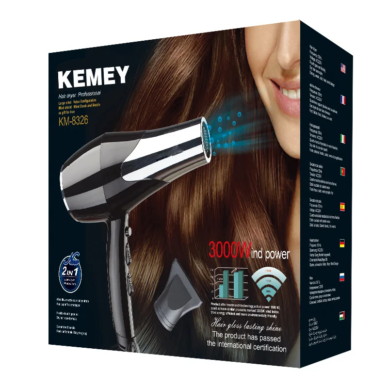Kemei 3000 Watt Full Size Pro Hair Dryer Professional Salon Blow Dryer with Concentrator Nozzle Attachments 3 Speeds fast Dry 6