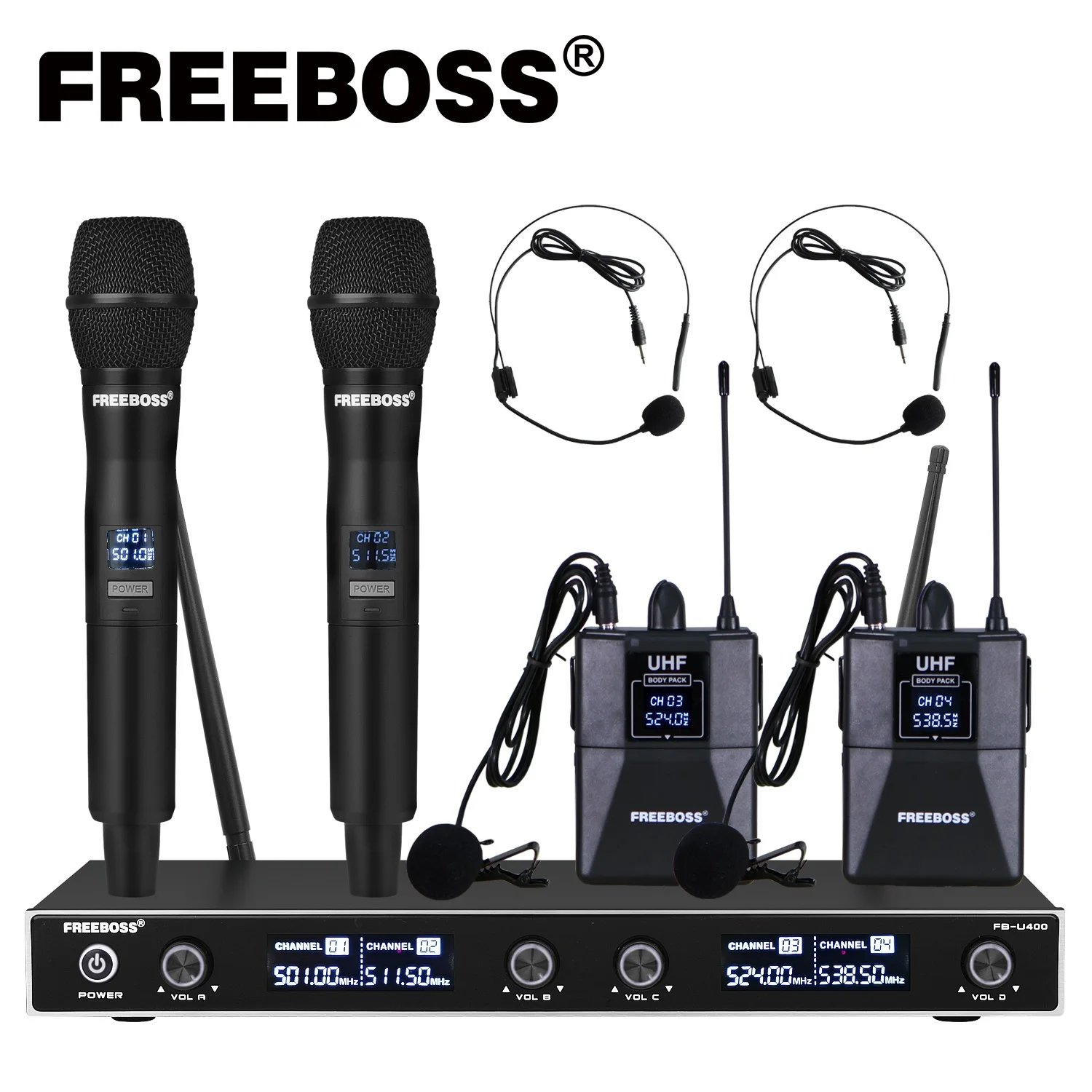 

FREEBOSS FB-U400H2 4 Channel UHF Wireless Microphone System with 2 Bodypack and 2 Handheld Microphone of Church Family Party