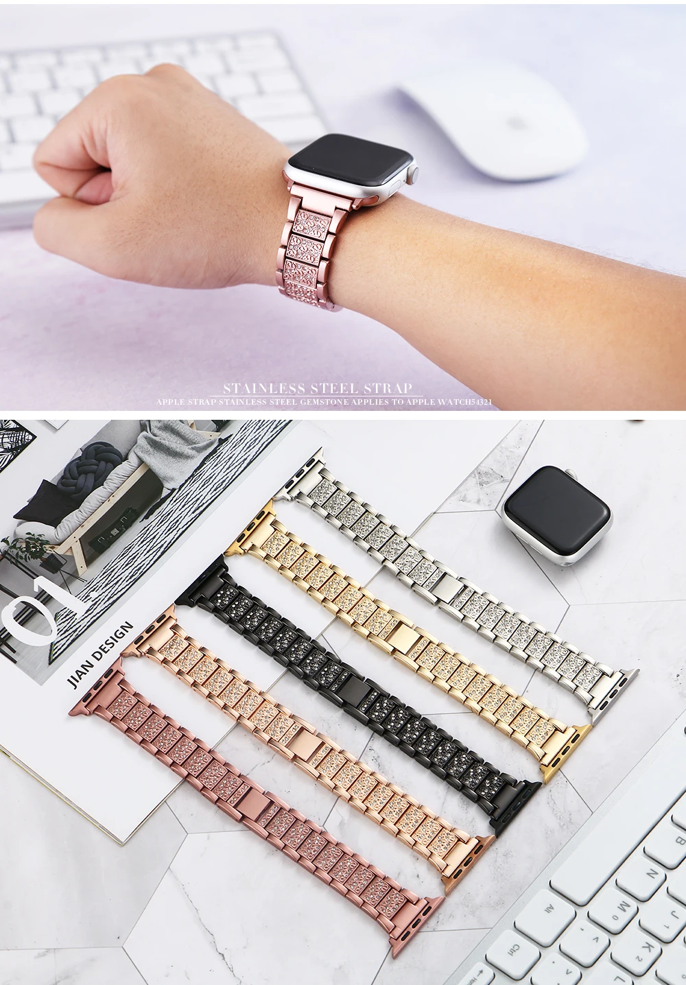 Ремешок для Apple Watch, ремешок 40 мм, 44 мм, 38 мм, 42 мм, для женщин, бриллиантовая серия 5, 4, 3, 2, 1, для iWatch, браслет, аксессуары из нержавеющей стали