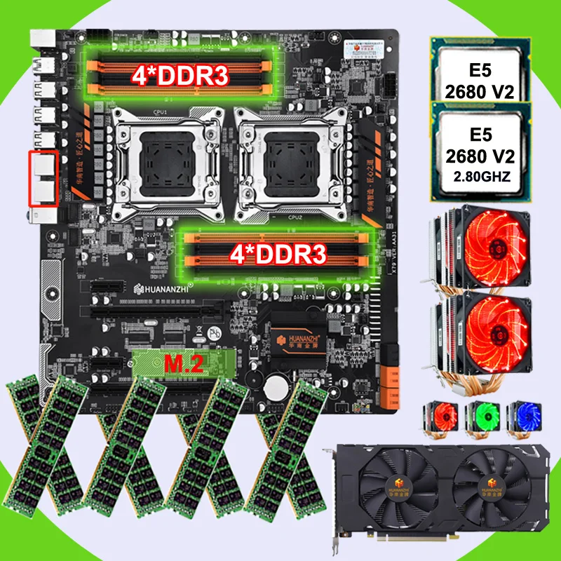 ^*Best Offers HUANANZHI dual X79 motherboard with 8 DDR3 DIMMs dual CPU Xeon E5 2680 V2 with coolers RAM 128G(8*16G) video card GTX1660TI 6G