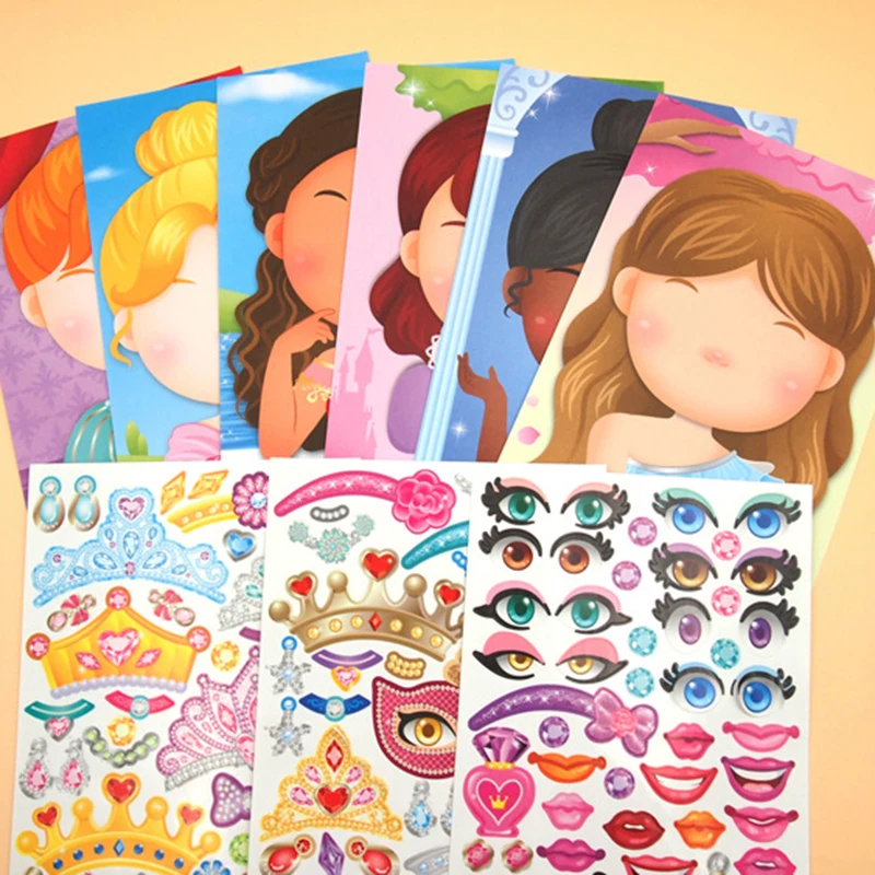 Children DIY Make a Face Sticker Book Cartoon Animal Princess Reusable Puzzle Games For Kids Toddlers