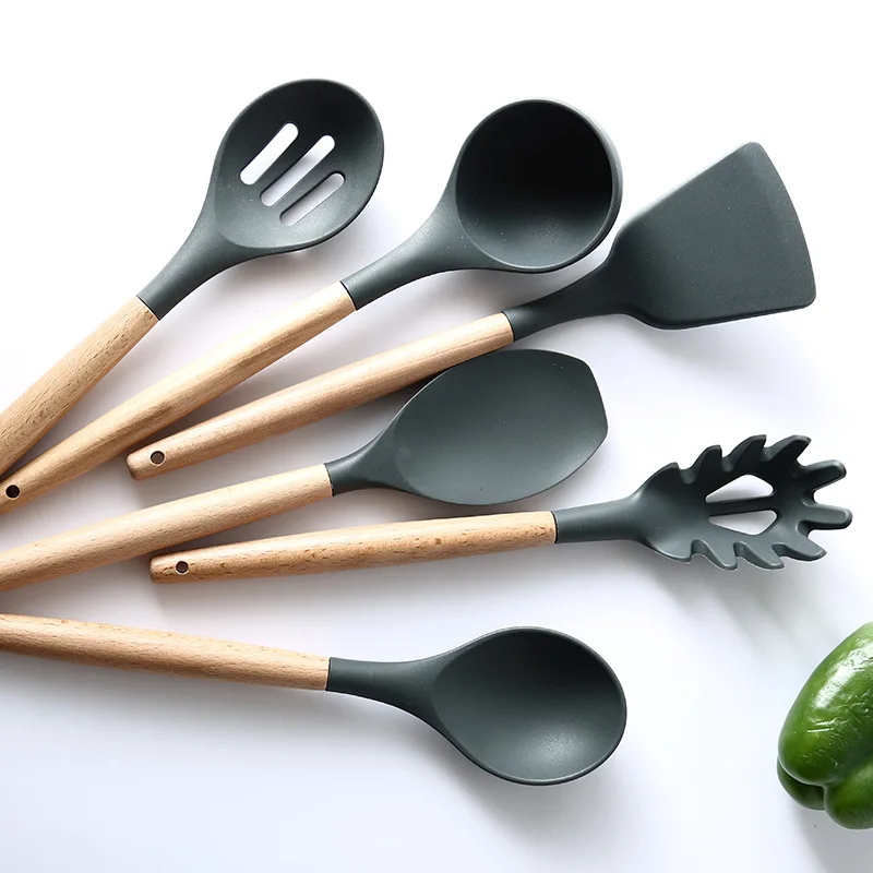 Silicone Kitchenware Cooking Utensils Set Non-stick Cookware Accessories Spatula Wooden Handle Black Cute kitchen Gadget Sets