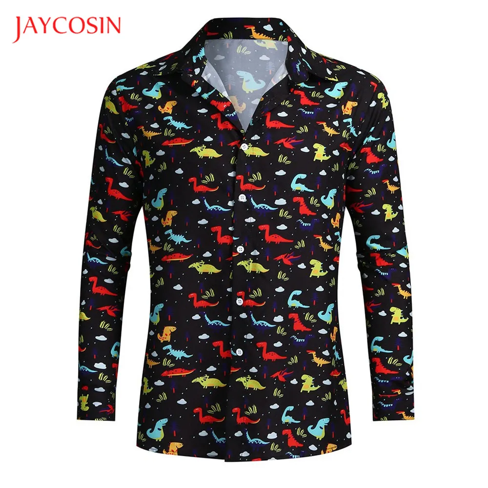 Joycosin, мужская рубашка, зимняя, повседневная, модная, Мужская одежда, с рисунком динозавра, с длинным рукавом, тонкая, на пуговицах, с v-образным вырезом, рубашка