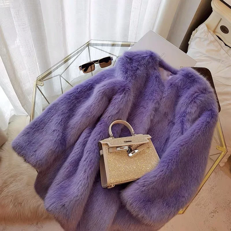 Women Purple Shaggy Faux Fox Fur Long Sleeve Jacket Coat