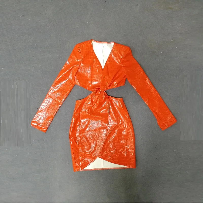 Новинка, оранжевые сексуальные платья с длинным рукавом и открытой спиной из искусственной кожи,, сексуальные платья знаменитостей с v-образным вырезом, открытые однотонные облегающие Женские вечерние короткие платья