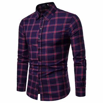 

Men's Slim Wild Plaid Shirt Fashion Lapel Colorblock Cotton Long Sleeve Five-Color Wild Shirt 2020 Spring Autumn New
