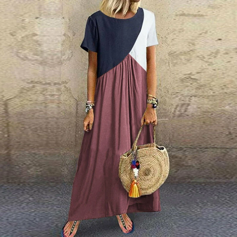 

2019 New Womens Boho Color Block Crew Neck Maxi Kaftan Dress Summer Short Sleeve Dress Plus Size Four Color Loose Dress S-5XL