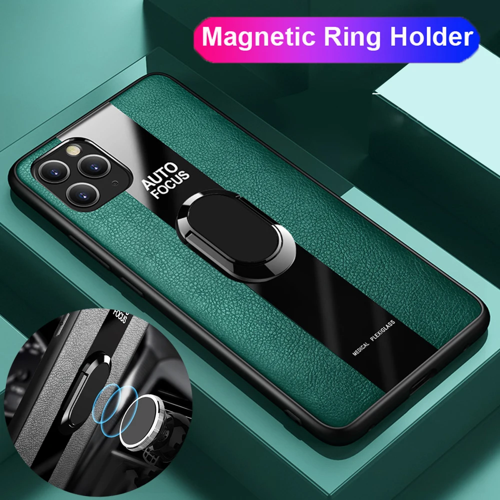 Midnight Green Гибридный чехол с магнитным кольцом и подставкой для iPhone 11 Pro Max XR XS X, резиновый чехол из искусственной кожи и закаленного стекла, гибридный чехол для iPhone 6s 8 - Цвет: Midnight Green