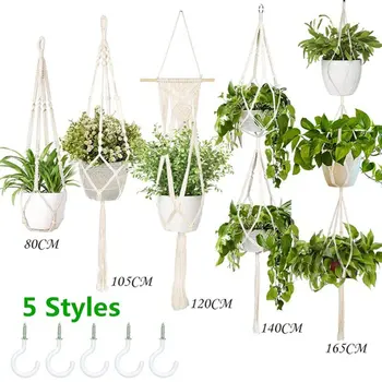 

5-Piece Handmade Cotton Rope Tassel Hanging Flower Pot Holder Set With Hook Bohemian Home Decoration