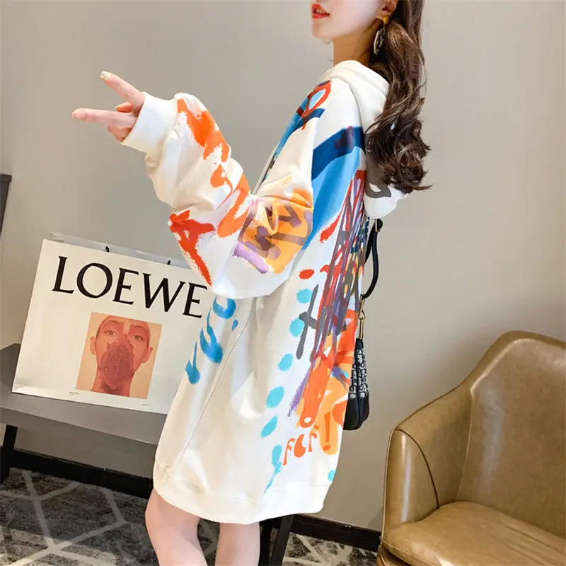 white thicken Harajuku корейский СВОБОДНЫЙ Модный худи граффити для женщин плюс бархат утолщенная Толстовка осень и зима теплый топ f2209 - Цвет: white thicken