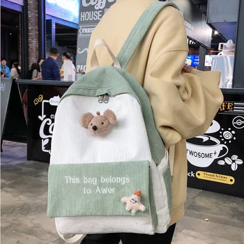 

Stripe Female Corduroy Backpack Kawaii Women Letter Embroidery School Bag Girl Cute Backpack Harajuku Fashion Ladies Bag Student
