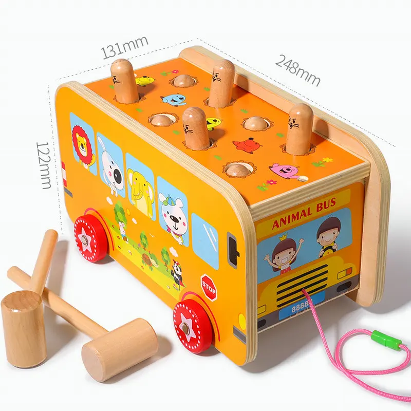 

Animal bus Drag car Toddler Toys 2 in 1 game whack-a-mole toys for children Happy Fight Hamster Educational kids wooden toy gift
