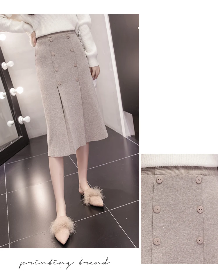 High Waist Stretch Knitted Skirt Women Elegant Double breasted Straight Long Skirts Female Autumn Winter Vintage Pleated Skirt