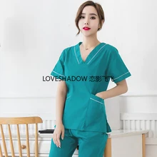 Размер штекера, S-4XL, чистый хлопок, скраб, набор для медсестры, для женщин, короткий рукав, v-образный вырез, топ и штаны, косметолога, рабочая одежда, модная медицинская одежда