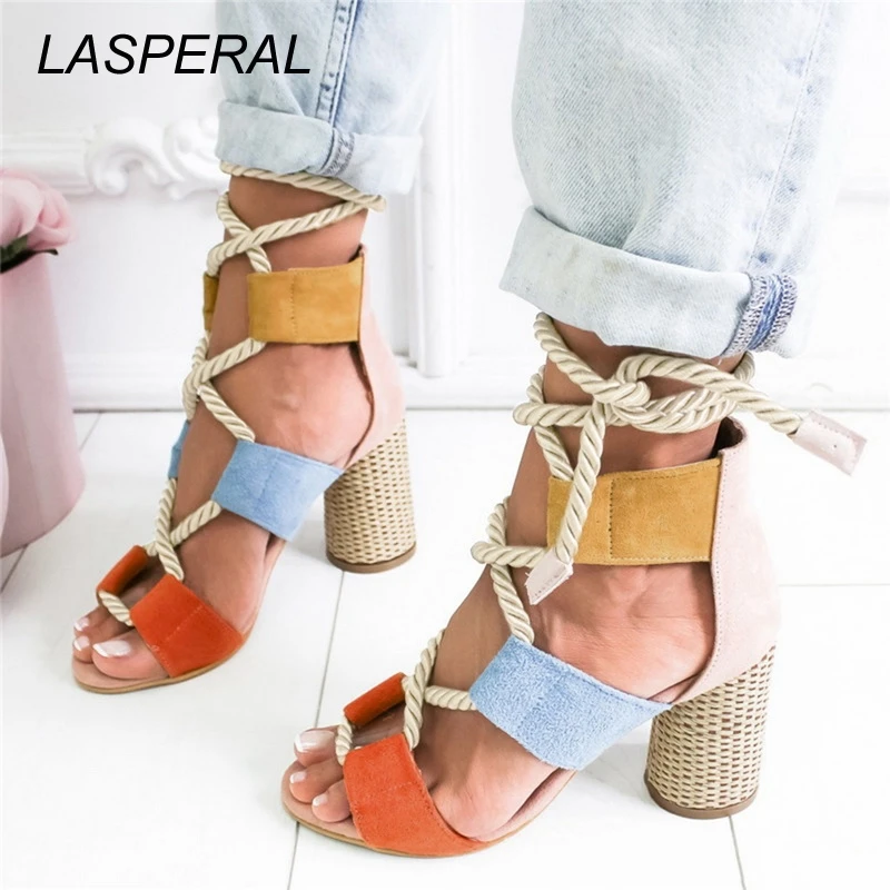 

LASPERAL Women Sandals Ladies Square Heel Pointed Fish Mouth Fashion Hemp Rope Lace-up Sandals Ankle Strap High Heel Shoes
