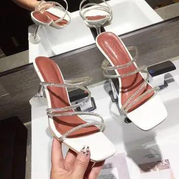 

Rhinestone Women Slippers Narrow Band Open Toe Thin High Heels Sandals Slides Shoes Woman Mule Shoes Hollow Party Pumps