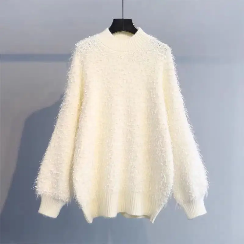 H.SA Women Soft Warm Knit Pull Jumpers Mohair Dots Patchwork Pink Pullovers White Oversized Casual Spring Tops | Женская одежда