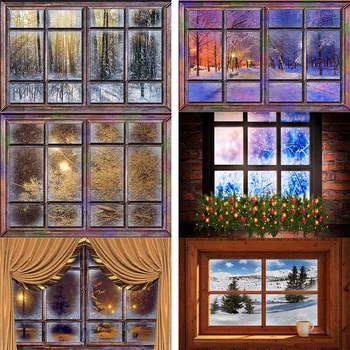 

Merry Christmas Santa Claus Gift Window Winter Pillow Baby Party Festivals Photo Backdrops Photocall Photographic Backgrounds