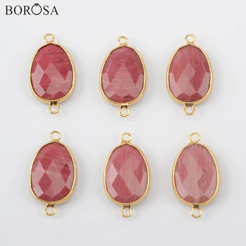 

BOROSA 5/10Pcs Oval Gold Red Wood Grain Connectors for Bracelets Faceted Natural Stone Pendant for Necklace Accessories G1957