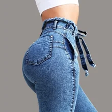 Women Jeans Sexy Bandage High Waist Slim Blue Gray Vintage Denim Pants Burr Belt Multi-size Female Casual Trousers