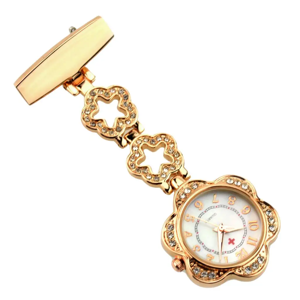 Nurse Nursing Chain Brooch Crystal Rhinestone Flower Pendant Fob Pocket Watch