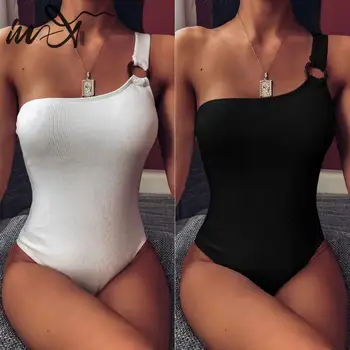 

In-X Sexy white bodysuit one-piece swimsuit female Ribbed one shoulder swimwear women Monokini Ring vintage Strappy bathing suit