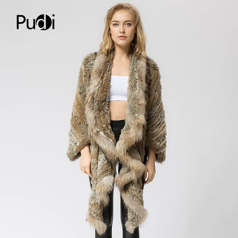 

CR049 Knitted knit new real rabbit fur coat overcoat jacket women's winter warm genuine fur coat with raccoon fur collar