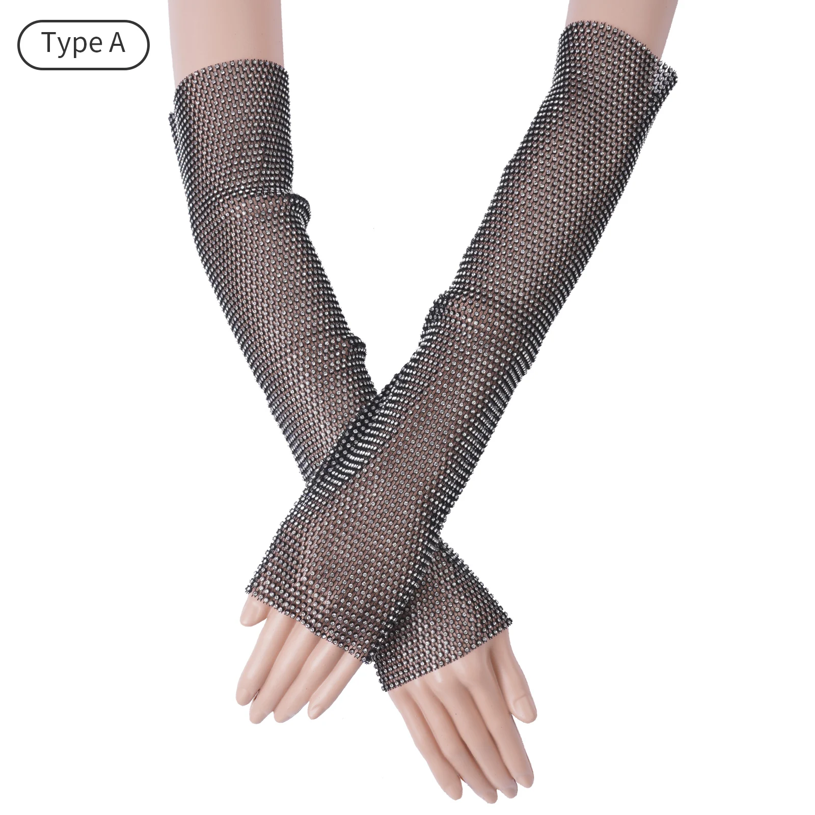 1 Pair Female Glitter Rhinestone Arm Sleeve Elbow Length