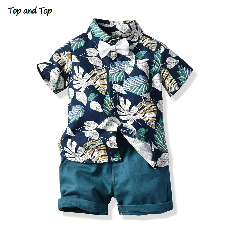 Hawai Boy Clothing Set Summer Fashion Floral Short Sleeve Bowtie Shirt + Shorts Boy Casual Clothes Gentleman 2Pcs Suit kids clothes