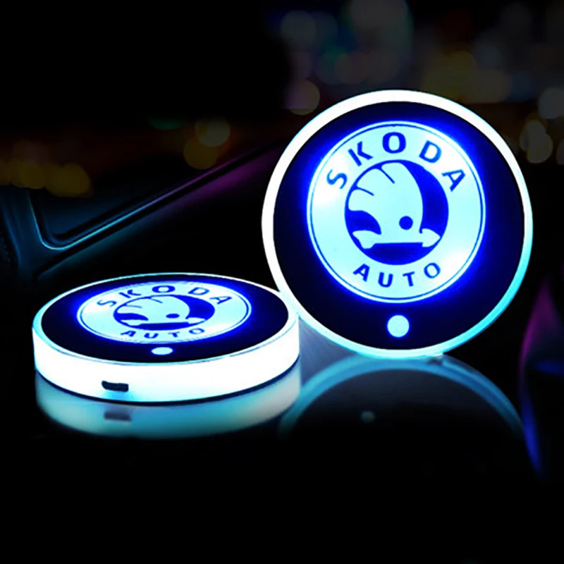  2PCS Car Logo Luminous Light LED Drink Coaster Anti Slip For Skoda rapid fabia yeti kodiaq octavia  - 4000173553127