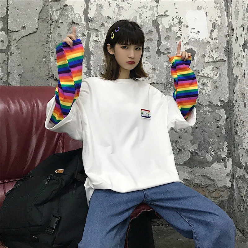 Neploe Korean Harajuku Patchwork T Shirts Fake Two Pieces Rainbow Striped Long Sleeve Casual T-shirt O-neck Women Top Tees 55252