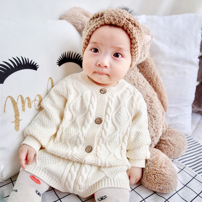Kids Clothing Set Toddler Girls Boys Autumn Winter Knit Sweater Cardigan + Shorts