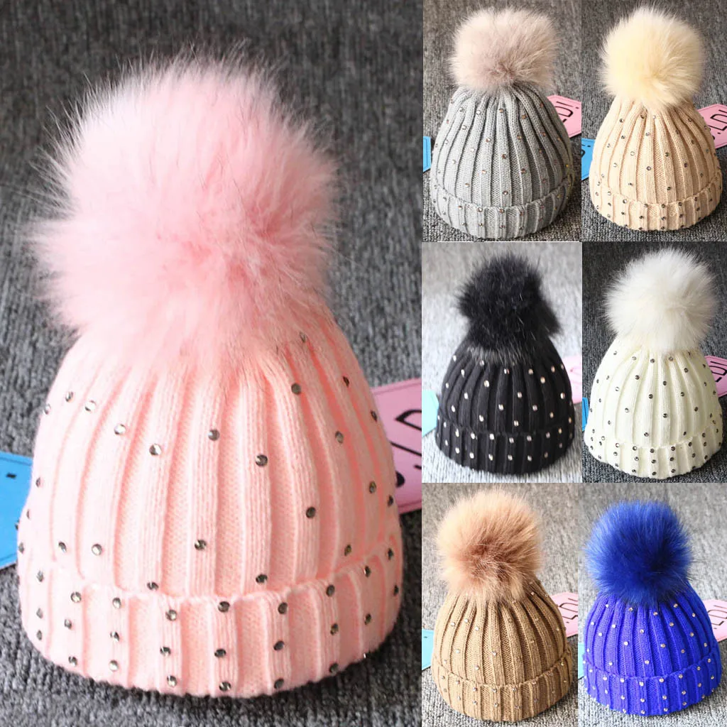 

Baby hat Autumn And Winter Woven Wool Diamond Edging Hats Keep Warm Hiarball Fur Ball Cap Children Baby Hat