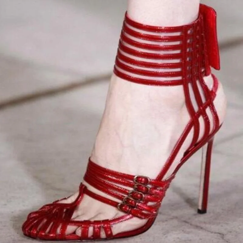 

Sexy Red Buckle Strap Gladiator Sandal Runway High Heel Shoes Woman Round Toe Lace-up Ankle Wrap Dress Shoes Drop Ship Big Size