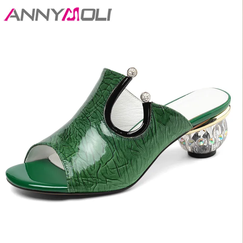 

ANNYMOLI Woman Natural Genuine Leather Slippers Strange Style Heels Shoes Crystal High Heels Square Toe Slides Ladies Sandals 42