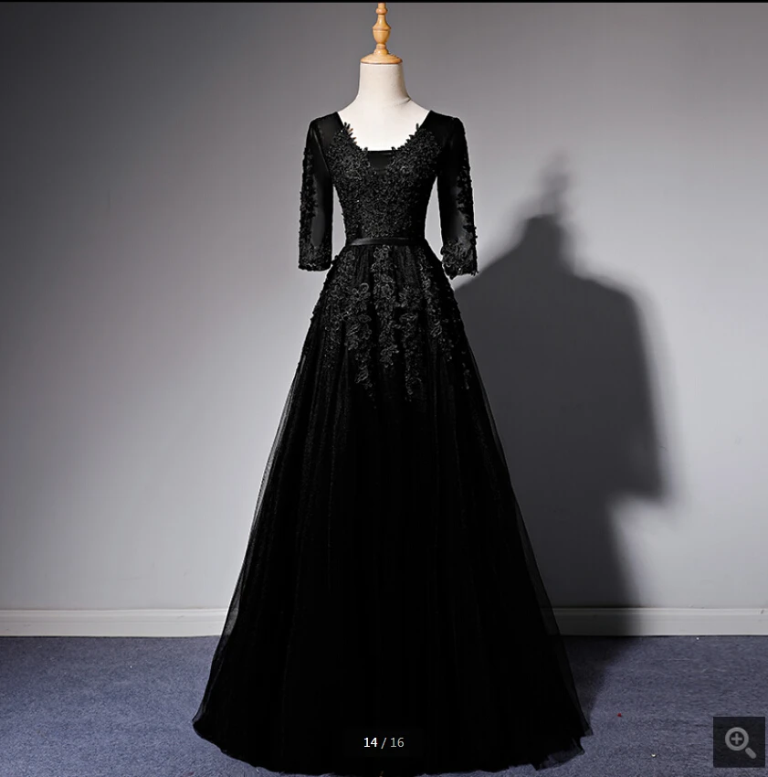Robe de soiree черное ТРАПЕЦИЕВИДНОЕ кружевное платье с аппликацией для выпускного бала, расшитое бисером с рукавом 3/4, корсет с v-образным вырезом, платья для выпускного бала