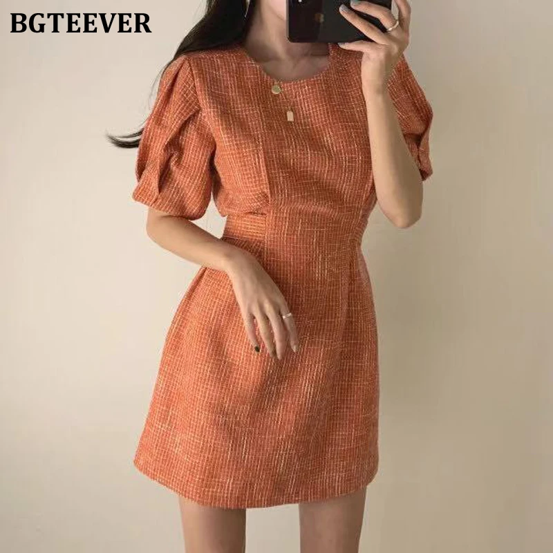 

BGTEEVER Elegant O-neck Slim Waist Lace-up A-line Dress Women Short Sleeve Spring Summer Dress Office Ladies Short Vestidos 2020