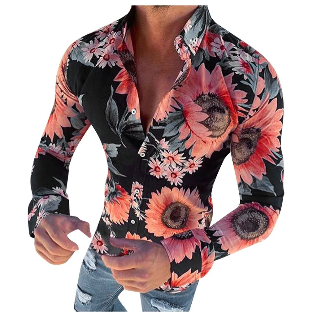 Feitong Camisa Masculina гавайская рубашка Мужская Повседневная рубашка с длинным рукавом и цветочным принтом облегающая уличная блуза с цветочным принтом Топ - Цвет: Черный