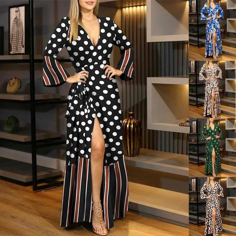 

2021 hot style autumn and winter European and American long-sleeved tie V-neck printed dress women's clothing