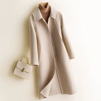 

100% Wool Solid Autumn/Winter Women Coat Outwear Turn Down Collar Long Women Overcoat Buttons Double Sides Woolen Jacket G803