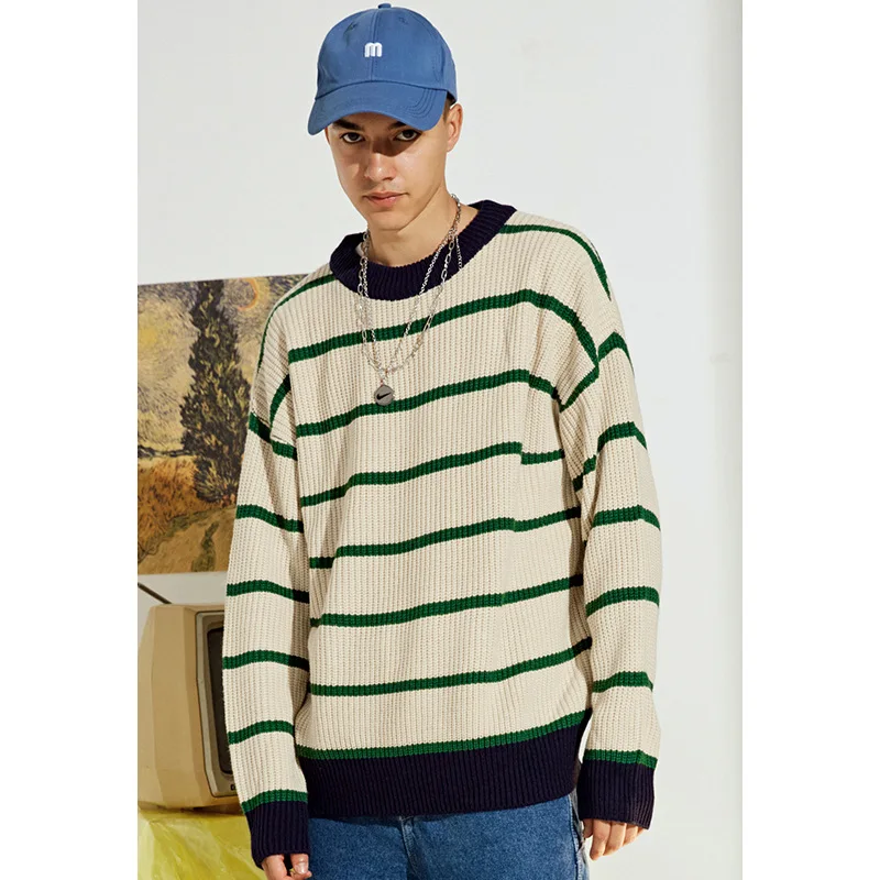 Yasword Men Sweater Casual Knitting Round Neck Wool Striped Loose Warm Man Knitted Sweatercoat Male High Neck Tops Pullover Yasword Men Sweater Casual Knitting Round Neck Wool Striped Loose Warm Man Knitted Sweatercoat Male High Neck Tops Pullover
