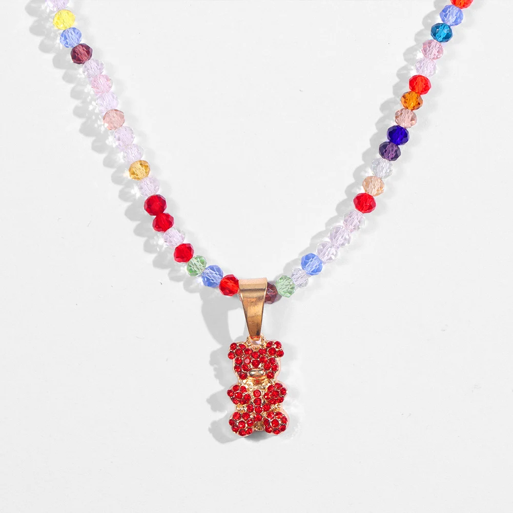 Harajuku Lovely Crystal Cartoon Bear Rainbow Glass Beaded Necklace For Women New Design Sweet Girls Choker Summer Beach Jewelry | Украшения